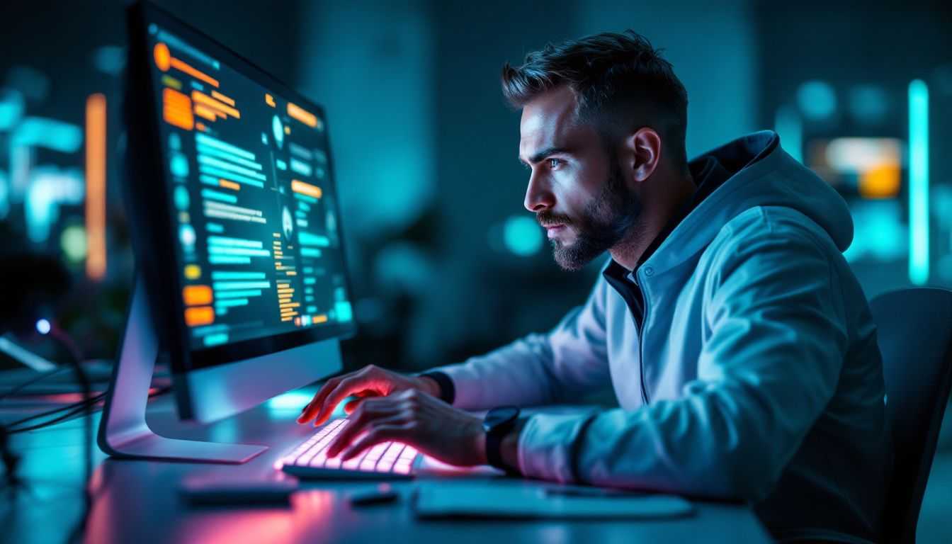 Ein SEO-Experte bei der Arbeit, der an einem Computer sitzt und an einer Webseite arbeitet.