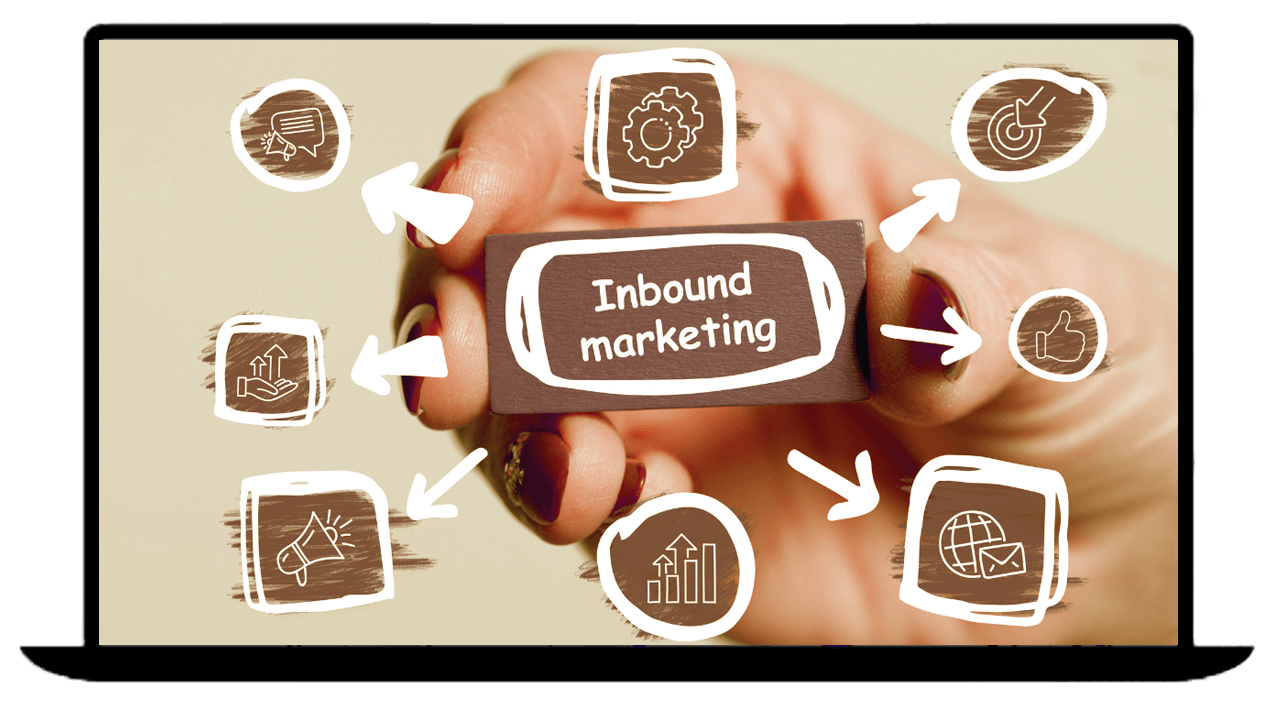 Konzeptbild für Inbound Marketing als Infografik auf einem Laptop-Bildschirm